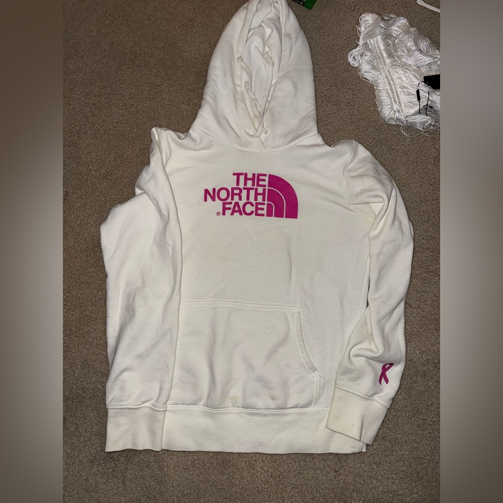 The North Face Cream Hoodie with Pink Logo